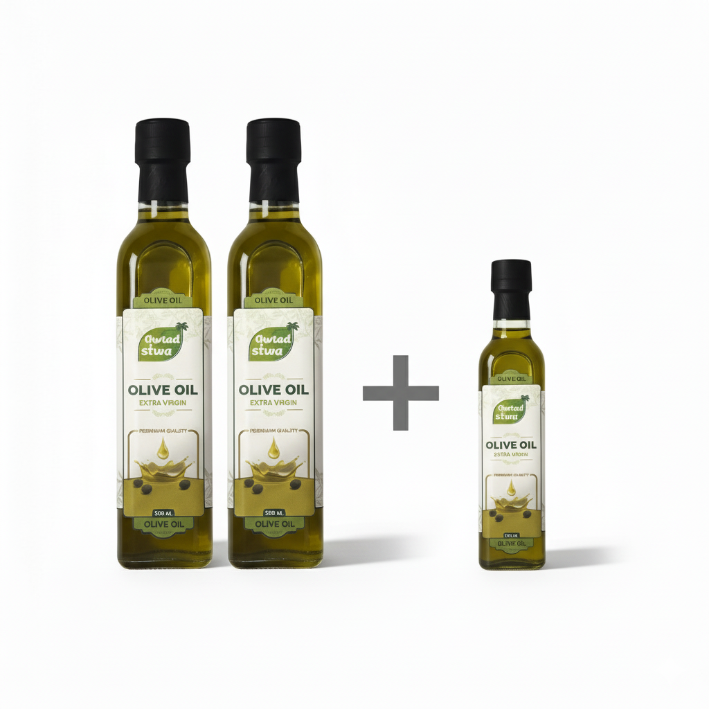 اشتري زجاجتين زيت زيتون أوتاد سيوة سعة 1 لتر واحصل على زجاجة مجانية سعة 250 مل
